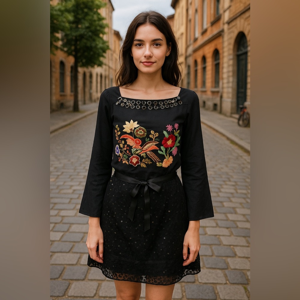Desigual Black Floral Embroidered Midi Dress